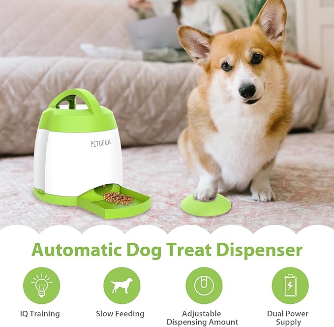 PETGEEK Dog Treat Dispenser with Button, Automatic Dog Feeder with Remote Control and Dual Power Supply, Dogs Puzzle Toys and Interactive Pet Stimulation Toys for Indoor or Outdoor Play(Green)