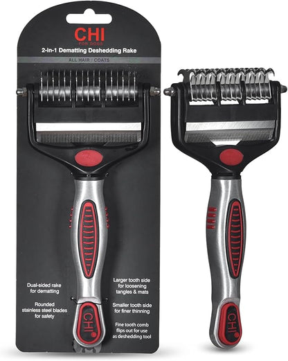 CHI for Dogs 2 in 1 Dematting and Deshedding Rake, Dual Head Dog Grooming Tool with Wide Tooth Dematting Rake and Fine Deshedding Rake, Detangler Comb for Thick Double and Long Dog Coat