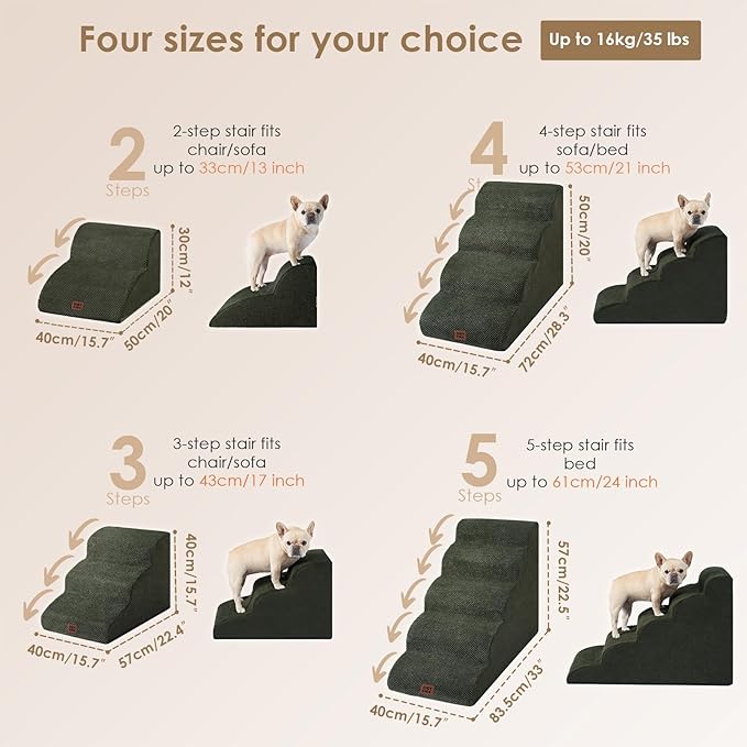 EHEYCIGA Curved Dog Stairs Ramp for Small Dogs 15.7" H, 3-Step Dog Steps for Couch Sofa and Chair, Pet Stairs for Cats, Non-Slip Balanced Pet Steps Indoor, Military Green