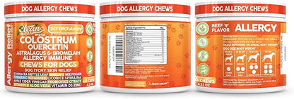 Dog Allergy Chews and Itchy Skin Relief for Dogs | Colostrum Quercetin Astragalus Bromelain | Immune Anti Itch Coat Supplement Aller Ichting Bites Treatment Paw Allergies + Echinacea Nettle Omega 3
