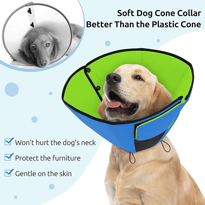 Queenmore Dog Cone XL, Soft Dog Cones for Large Dogs After Surgery, Cone for Dogs to Stop Licking, Elizabethan Collar for Pet, Alternative to Recovery Collar for Large Breeds, Blue&Green XL
