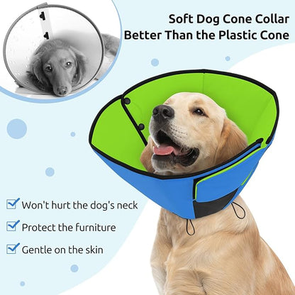 Queenmore Dog Cones for Large Dogs, Soft Dog Cone for Large Breeds, Cone for Dogs After Surgery, Adjustable Elizabethan Collar for Pet to Prevent Licking Wounds, Blue&Green L
