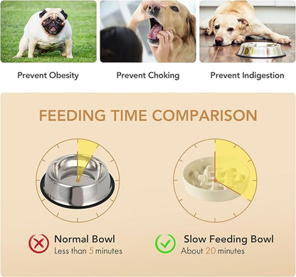 Ceramic 3.2 Cup Raised Slow Feeder Dog Bowl Set, Elevated 8.2inch Bowl and 9.5inch Slow Pet Food Dish with Wooden Stand for Large Dog (2 x Beige+ Stand)