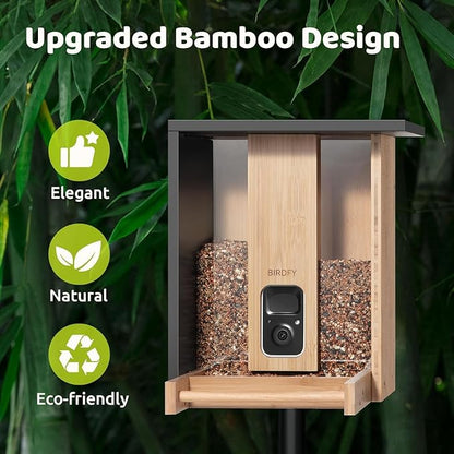 Birdfy Smart Bird Feeder with Camera, Solar Powered 2K Live tream Bamboo Wood feeder& Metal Guard, AI Identify Birds & Auto Record Video, Wild Birds Watching Ideal Gift for Chistmas for mom,Bird-Lover