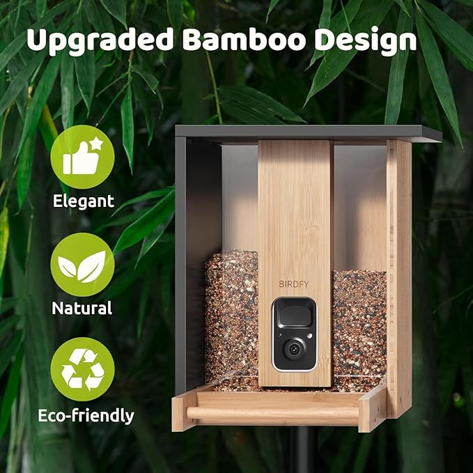 Birdfy Smart Bird Feeder with Camera&Metal Guard, AI Bird Recognition, 2K&Night Vision, Solar Powered, 4L Large Bamboo Wood Weatherproof Design, Ideal Chistmas Gift for Nature Lovers, Mom&Myself