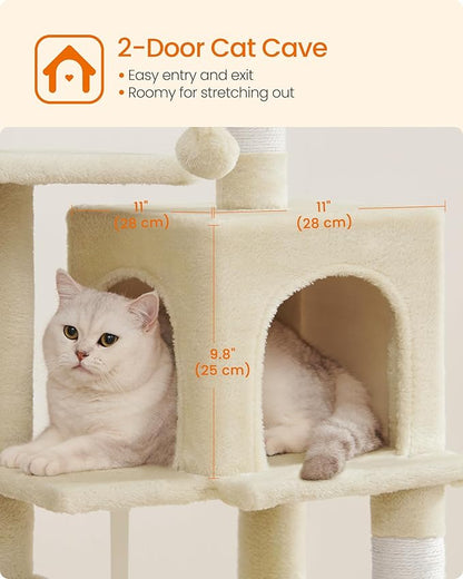 Feandrea Cat Tree, 44.1-Inch Cat Tower, Plush Multi-Level Condo with 4 Scratching Posts, 2 Perches, Hammock, Cave, Beige UPCT261M01
