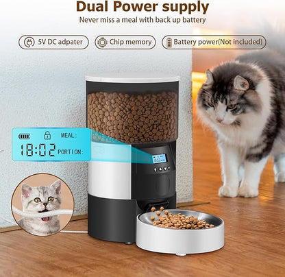 Ducksky Automatic Cat Feeder, 3L Timed Dog Food Dispenser, Auto Dry Food Feeders for Pets, Programmable Portion Control, 4 Meals/Day, Dual Power Supply, 10s Voice Recorder (White and Black - Basic)