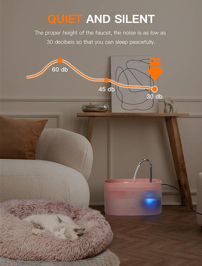 Cat Water Fountain, 84OZ/2.5L Cat Fountain, Super Silent Pet Water Fountain, Activated Carbon Filter, Translucent Pet Water Dispenser Suitable for Multiple Pets Family (Pink)