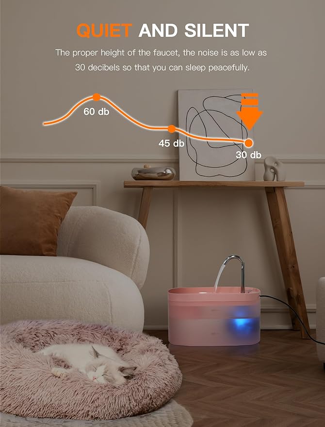 Cat Water Fountain, 84OZ/2.5L Cat Fountain, Super Silent Pet Water Fountain, Activated Carbon Filter, Translucent Pet Water Dispenser Suitable for Multiple Pets Family (Pink+4Filters+4Sponges)