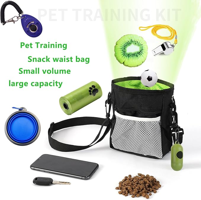 Gliitatu Dog Treat Pouch Built-in Poop Bag Dispenser and Training Clicker and Collapsible Dog Bowl and Poop Bag 4Pack Dog Training Kit Treat Pouches for Pet Training with Clip, Adjustable Strap