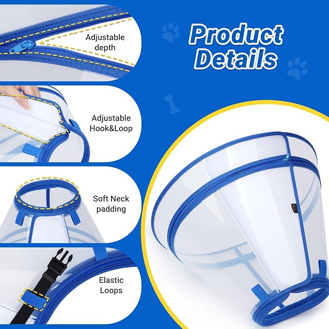 Dog Cone to Stop Licking, Clear Recovery Collar with Detachable Zipper, Sturdy Elizabethan Collar for Large Medium Small Dogs, Soft Adjustable Cone After Surgery Patented, Blue M