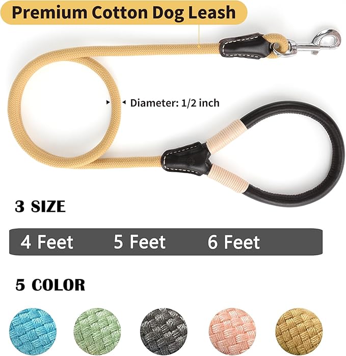 Mile High Life Genuine Leather Wrapped Handle Dog Leash, w Heavy Duty Clasp Rope Leash for Small Medium Large Dogs (Yellow, 6FT)