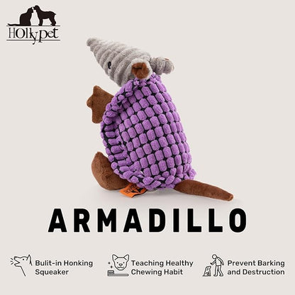 Hollypet Plush Dog Squeaky Toy Stuffed Armadillo Animal Pet Puppy Chew Toys with Clean Teeth for Small Medium Large All Breed Sizes Dogs, Purple, 8 in