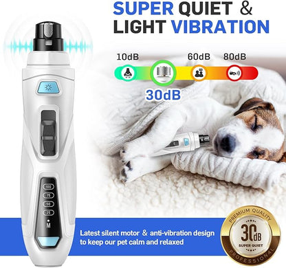 Dog Nail Grinder & Clipper 2-in-1 Set - 25dB Ultra Quiet with 3 Grinding Wheels & 2 LED Lights, Rechargeable for Large/Puppy Dogs & Cats, 3-Speed Adjustable for Anxious Pets