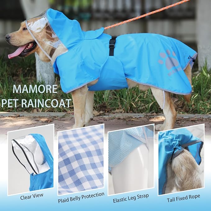 Waterproof Dog Raincoat, Reflective Adjustable Hooded Dog Rain Coat, Lightweight Breathable Pet Rain Jacket Poncho Double Layer with Leash Hole for Small Medium Large Dogs (Blue, Medium)