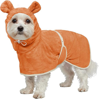 Dog Bathrobe Super Absorbent Towel Robe - Microfiber Bath Towels Fast Drying Coat for Dogs, Cute Dogs Clothes Adjustable Collar & Belly Strap Warm Keeping Hooded Dog Towel (Orange, Small)