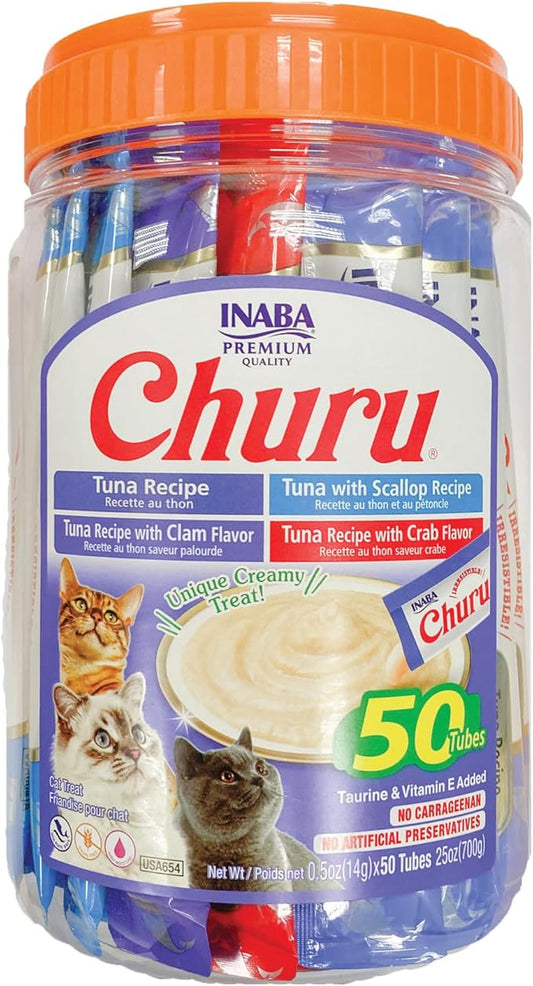 INABA Churu Cat Treats, Grain-Free, Lickable, Squeezable Creamy Purée Cat Treat/Topper with Vitamin E & Taurine, 0.5 Ounces Each Tube, 50 Tubes, Tuna & Seafood Variety