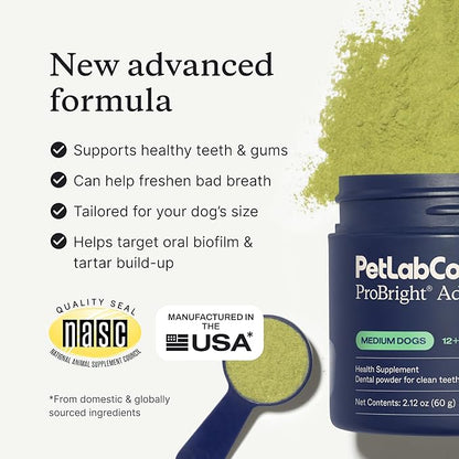 PetLab Co. ProBright Advanced Dental Powder - Dog Breath Freshener - Teeth Cleaning Made Easy – Targets Tartar & Bad Breath - Packaging May Vary - Formulated for Medium Size Dogs