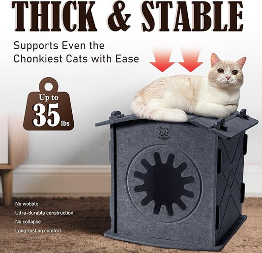 Apasiri Cat Houses for Indoor Cats: Felt Cat House Cave Cathouse, 15x14x15Inch Scratch-Resistant Warm Insulated Covered, Hideaway Tent for Anxiety Relief Gift, Grey