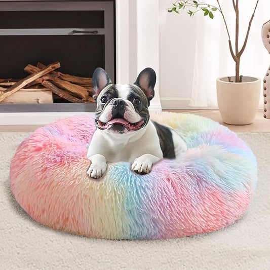 JOLLYVOGUE Small Dog & Cat Beds for Indoor Cats, Donut Cuddler Warming Soft Dog Beds with Anti-Slip Bottom, Round Calming Fluffy Plush Faux Fur Cushion Bed for Small Dogs (20", Rainbow)