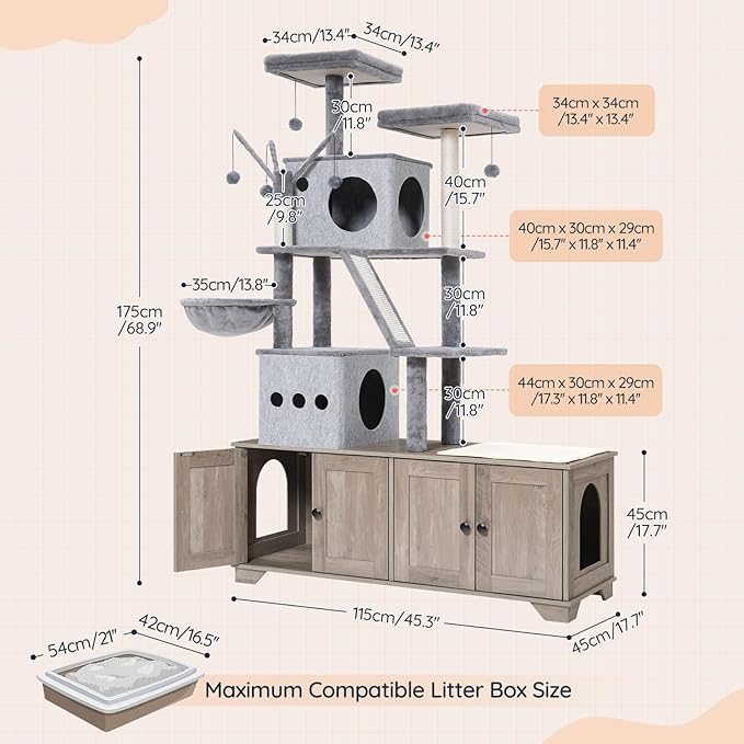 HOOBRO Double Litter Box Enclosure with Cat Tree, 45.3" L x 17.7" W x 68.9" H All-in-One Modern Cat Tower with Bed, Hidden Litter Box Enclosure Furniture, with Hammock, Sisal Posts, Greige BG22MZ03