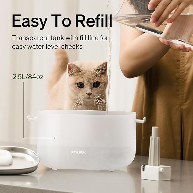 PETLIBRO Cat Water Fountain + PETLIBRO Genuine 6 Packs Filters, Cat Fountain Indoor Stainless Steel Tray, 2.5L/84oz Wireless Pump Pet Water Fountain, Cat Water Dispenser with Two Flow Modes
