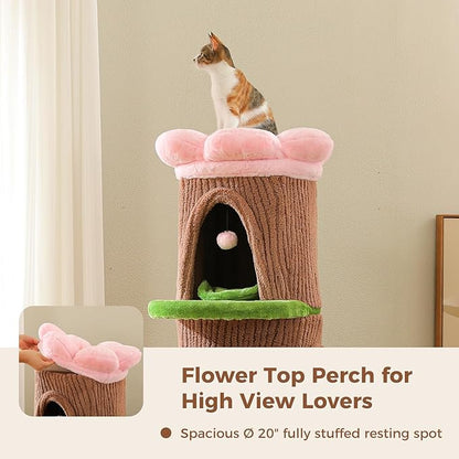 Forest Cat Tree Tower with 4 Condos, 68.5" Tall Cat Tower with Flower Top Bed & Thick Scratching Post (φ3.8in) – Large Heavy Duty Tree That Looks Like a Tree for Indoor & Multi-Cat Households