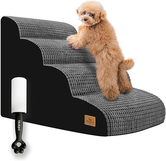 Dog Stairs for Small Dogs, 20.5 in H 4 Step Curved Dog Ramp for High Bed and Couch, Foam Dog Ramp with Durable Non-Slip Waterproof Fabric Cover, Pet Stairs for Pets Joints, Grey