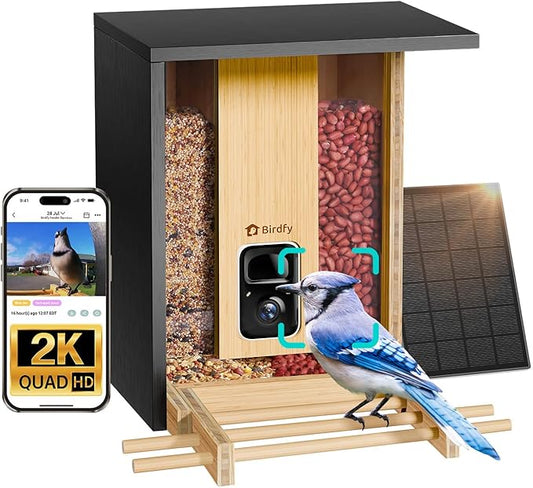 NETVUE by Birdfy Smart Bird Feeder with Camera Solar Powered,2K Live Steam&Permanent AI Identify for Birds&Motion Detection,Birds Watching Ideal Wood Feeder for Chistmas Gift for mom,Bird-Lover