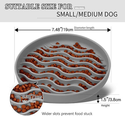 Slow Feeder Dog Bowls, Silicone Food Bowl Anti-Gulping, Pets Puppy Slow Feeder with Suction Cups, Dishwasher Microwave Safe for All Small Medium Dogs, Wave Design Grey
