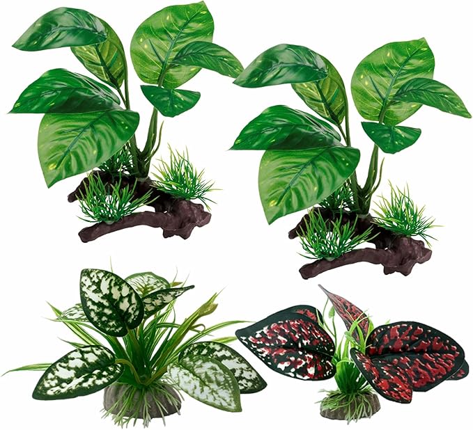 Moonorange Reptile Artificial Plants, Terrarium Plants Decorations Supplies, Aquarium Fish Tank Plant, Amphibian Habitat Hideout Tank Accessories (M Set-4pcs/G)
