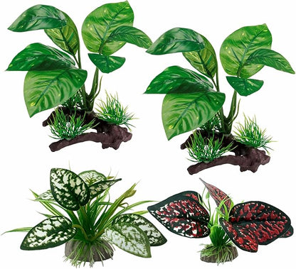 Moonorange Reptile Artificial Plants, Terrarium Plants Decorations Supplies, Aquarium Fish Tank Plant, Amphibian Habitat Hideout Tank Accessories (M Set-4pcs/G)
