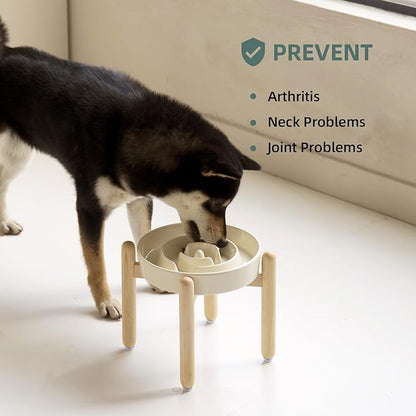 Ceramic 1.6 Cup Raised Slow Feeder Dog Bowl Set, Elevated Wooden Stand for Medium and Large Dog, 8.2inch Puzzle Slow Dish, Anti-Gulping(Beige, Single Bowl+ Stand)