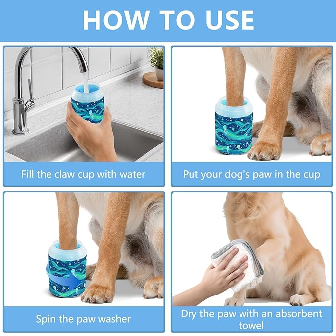 Dog Paw Cleaner Cups for Dogs Pets Foot Washer Paw Scrubber for Medium Small Cats Dogs Cleaning Cup Blue Sea Wave Jellyfish and Stars