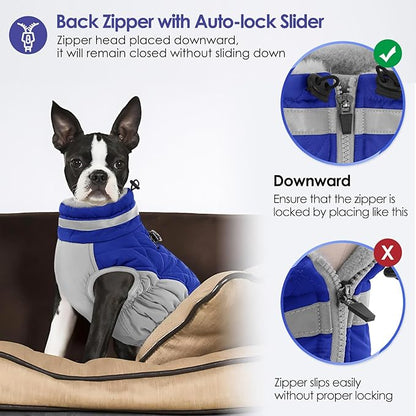 AOFITEE Dog Coat, Warm Dog Jackets for Small Dogs, Dogs Winter Coat with Harness Built in, Reflective Pet Winter Jacket, Waterproof Windproof Puppy Puffer Jacket Fleece Vest, Blue XS