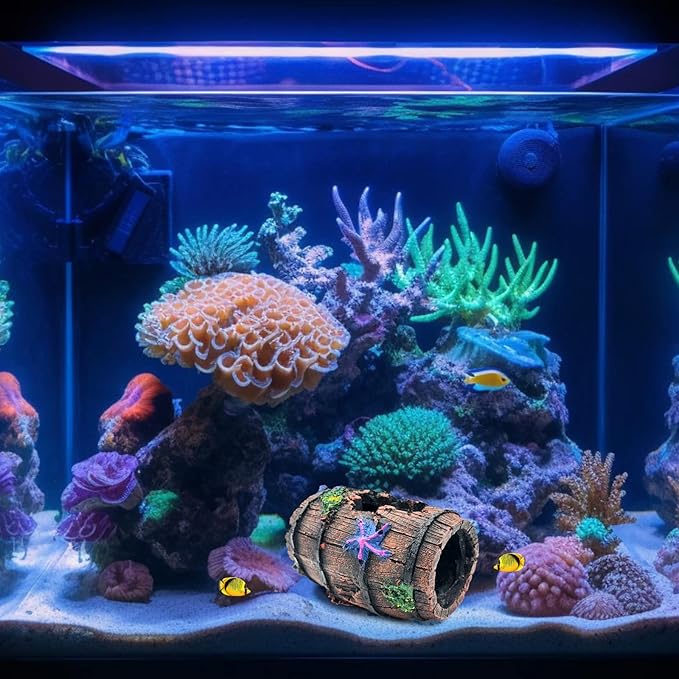 GSD Star-Fish Broken Barrel Decor Resin Betta Tank Accessories Ornaments for Cave Hide Decorations, Broken Barrel x 1pc, Blue Star Fish Ornaments x 2pcs