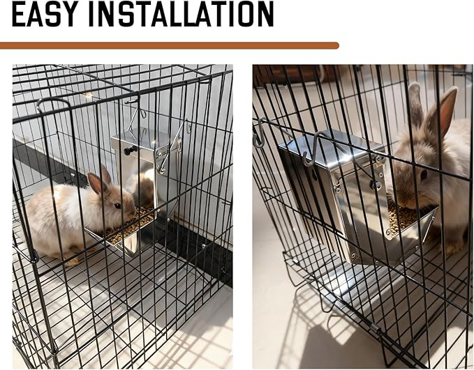 Rabbit Feeder - Small Animal Stainless Steel Gravity Feeding Trough with Lid, Outdoor Durable Cage Feeder Holds Several Days' Food (4 Inch/1.5Lbs)
