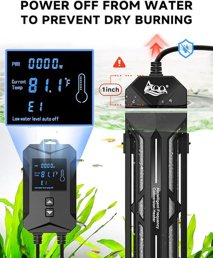 AQQA Aquarium Heater,64-95°F Fast Heating Double Quartz Glass Tube Fish Tank Heater,High-definition LCD Controller Displays Real-time Power,Anti-dry and Over-temperature Protection (1400W 260-380 Gal)