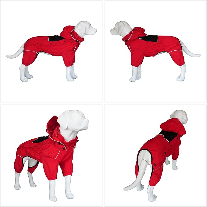 LOVELONGLONG Fleece-Lined Dog Raincoat with Removable Hood – Waterproof Winter Full Body Dog Jacket – Windproof Snowproof Cold-Weather Suit – Red-F S
