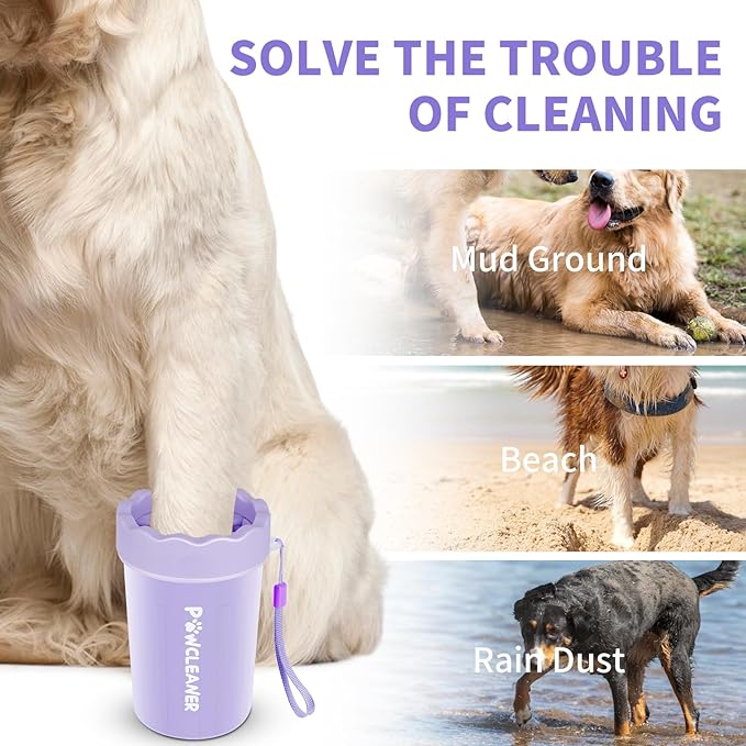 Professional 7 in 1 Dog Paw Cleaner for Dogs & Cats - Includes 1 Portable Paw Washer, 1 Bath Brush, 2 Dog Toothbrushes and 3 Absorbent Towels Note: Fits Paws 1.5 to 2.5 Inches Wide (Medium, Purple)
