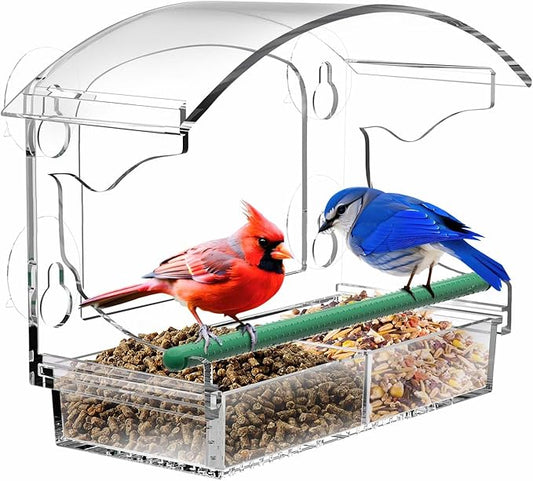 BPYOT Clear Acrylic Window Bird Feeder for Outside with 4 Strong Suction Cups and Detachable Seed Tray, Highly Transparent Outdoor Viewing Birdfeeder, Wild Bird House Box