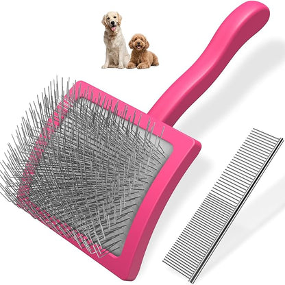 2PCS Slicker Brush for Dogs & Pet Comb,Professional Dog Grooming Brush (Goldendoodles,Poodles,Labradoodles) with Extra Long Pins to Effectively Remove Tangles, Knots and Mats (Pink, Large)