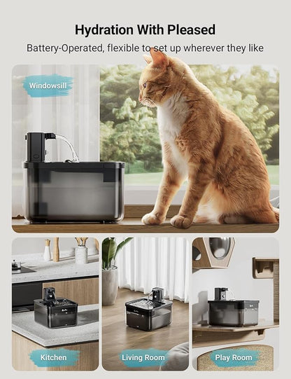 DownyPaws Battery Operated Cat Water Fountain, 84oz/2.5L Fursink Wireless Cat Waterer Fountain with Motion Sensor, BPA-Free, Black with 6 Filters