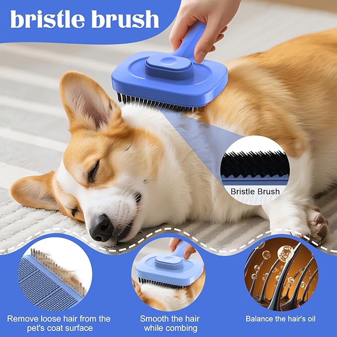 Self Cleaning Dog Brush for Shedding - Bristle Brush and Long/Short Needles Design, Skin Friendly, Slicker Deshedding Dog Brush, Hair Removal for Long & Short Haired Pets (Blue)
