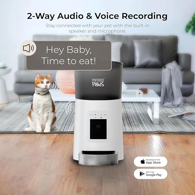 Smart HD Automatic Cat Feeder with 1080P Camera & Night Vision, 2-Way Audio, WiFi App Control, Anti-Jam 6L Cat Feeder with Backup Power, Easy to Clean, Up to 15 Meals for Cat & Dog, White Stainless