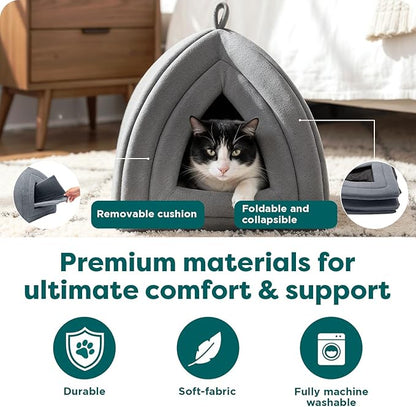 FurHaven Cat Bed Cave for Indoor Cats & Small Dogs, Washable & Foldable Pet Tent with Removable Cushion, Small, Polar Fleece, Heather Gray