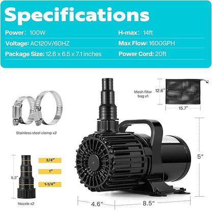 VIVOHOME 100W 1600GPH Submersible Water Pump with 180° Seamless Adjustable Nozzle and Barrier Bag for Koi Pond Waterfall Fountains Fish Tank