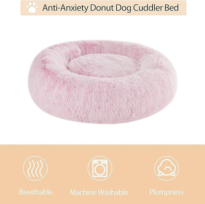 WNPETHOME Calming Dog Bed Cat Bed Donut, Faux Fur Pet Bed Self-Warming Donut Cuddler, Comfortable Round Plush Dog Beds (24 x 24 x 8 Inch, Light Pink)