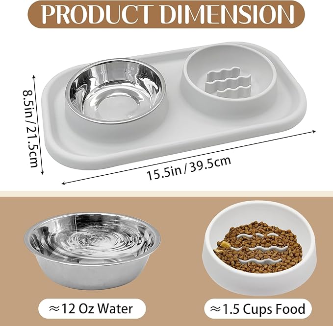 BNOSDM Slow Feeder Dog Cat Bowls, Stainless Steel with Silicone Mat Dog Food and Water Bowls Set, Pet Feeding Dish to Slow Down Eating for Cats and Small Dogs Puppy, Grey