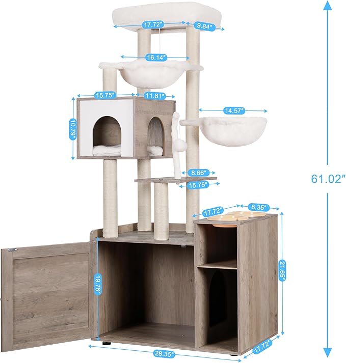Hey-brother Cat Tree with Litter Box Enclosure, Modern Cat Tower for Indoor Cats with Large Platform, Condo Food Station and 2 Hammocks, All-in-one Cat Furniture, Wood Rustic Gray MPJ115SG
